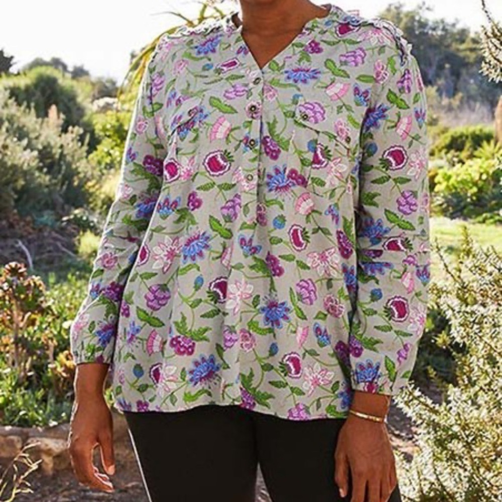 Matilda Jane Sage Floral Button-Front Tunic with Pink & Blue Blooms